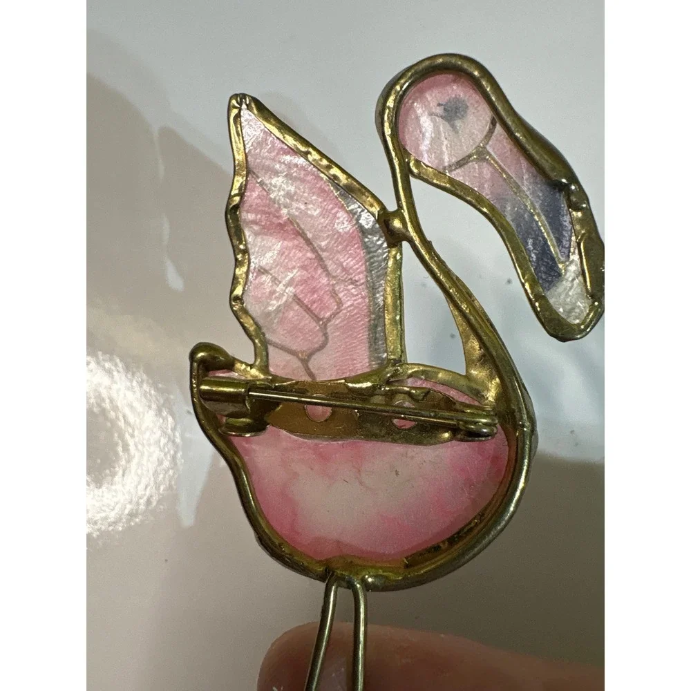 Whimsical Enamel Flamingo Brooch with Dangling Beads Gold Tone‎ Metal